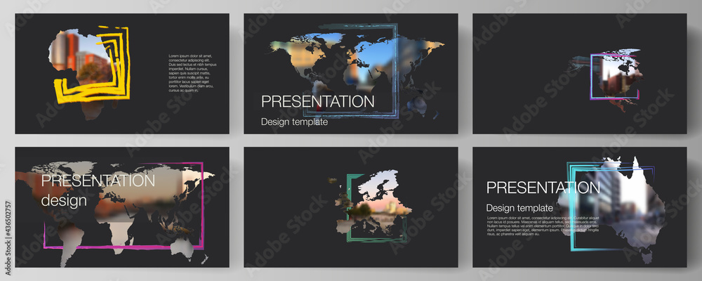 Vector layout of the presentation slides design business templates, multipurpose template for presentation brochure. Design template in the form of world maps and colored frames, insert your photo. - obrazy, fototapety, plakaty 