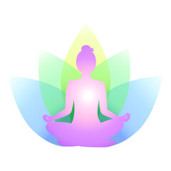 Woman sits in lotus position against background of multicolored petals. Silhouette of meditating girl in delicate colors. Chakra concept. Yoga icon for logo, banner, poster, flyer. Vector illustration