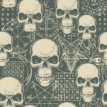 Abstract Seamless Pattern With Hand-drawn Human Skulls, Goat Head, Occult And Ritual Symbols On A Dark Backdrop. Vector Background In Retro Style On The Theme Of Occultism, Satanism, Black Magic