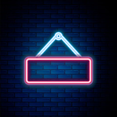 Sticker - Glowing neon line Signboard hanging icon isolated on brick wall background. Suitable for advertisements bar, cafe, pub, restaurant. Colorful outline concept. Vector