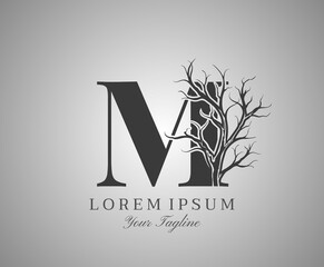 Letter M With Dead Tree Design Logo Icon. Creative Alphabetical Creepy Dry Tree Brach Nature Logo Template.