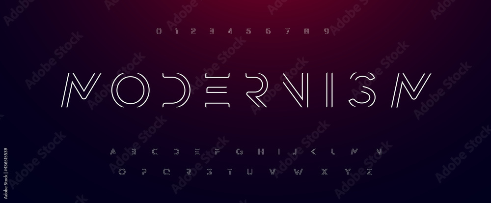 Modernism alphabet. Outline thin lines font like road, maze, frame. Futuristic techno type for scifi logo, contour neon headline or hud monogram. Minimal letters and numbers vector typographic design - obrazy, fototapety, plakaty 