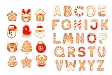 Christmas Gingerbread Cookies Alphabet With Figures. Biscuit Letters, Characters For Xmas Messages And Design. Vector Illustration With Decorations.