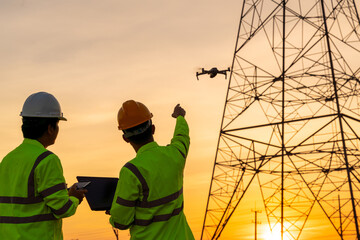 Engineers location help Technician use drone to fly inspections at the electric power station to view the planning work by producing electricity high voltage electric transmission tower at sunset