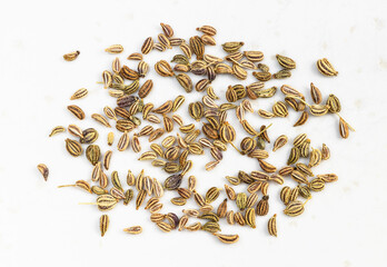 Wall Mural - several Ajwain seeds close up on gray