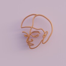 3d Render, Minimal Abstract  Woman Portrait. Female Face Profile Made Of Golden Wire,  Simple Linear Art 