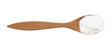 Top View Of Baking Powder In Wood Spoon Isolated