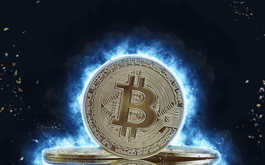 Gold bitcoin coins surrounded by the effect of an explosion of blue fire. Isolated on black background.