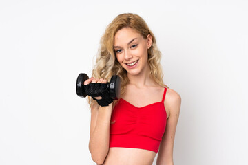 Canvas Print - Young blonde woman isolated on white background making weightlifting