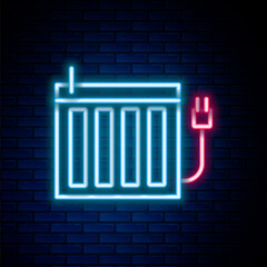 Poster - Glowing neon line Heating radiator icon isolated on brick wall background. Colorful outline concept. Vector