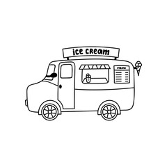 Cute and funny hand drawn ice cream van isolated doodle on the background. Classic summer ice cream truck in bright and pink colors. Side view vector illustration with hand drawn outline.