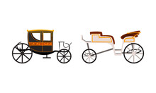 Vintage Brougham Set, Side View Of Old Carriage For People Transportation Flat Vector Illustration