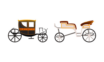 Sticker - Vintage Brougham Set, Side View of Old Carriage for People Transportation Flat Vector Illustration