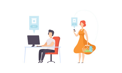 Sticker - People Shopping Online Set, Women Buying Goods in Online Shops Flat Vector Illustration