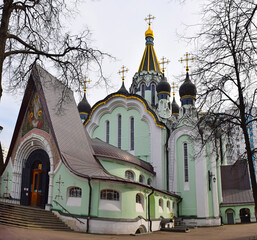 The Church of the Resurrection of Christ in Sokolniki is a tent-shaped church in the Art Nouveau style, built in 1909-1913 by the architect Pavel Tolstykh. Russia, Moscow, May 2021.