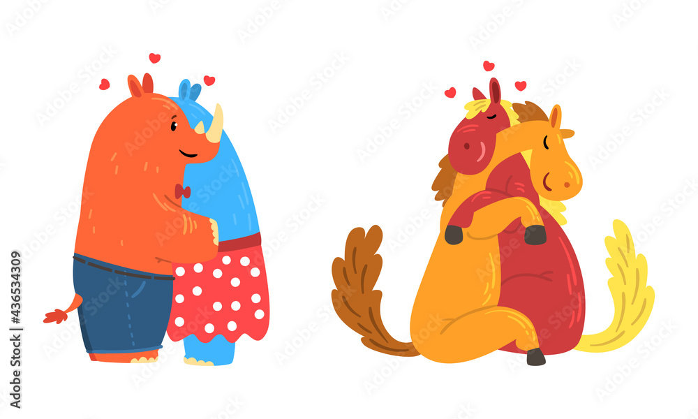 Animal Couples in Love Set, Cute Romantic Rhino and Horse Characters Hugging Cartoon Vector Illustration - obrazy, fototapety, plakaty 