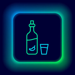 Poster - Glowing neon line Vodka with pepper and glass icon isolated on black background. Ukrainian national alcohol. Colorful outline concept. Vector