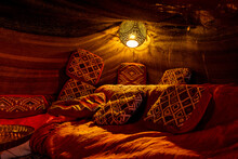 Traditional Arabic Tent Interior In Desert At Night In Egypt, Africa