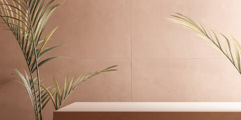Wall Mural - Beige geometric podium product presentation, minimal scene with tropical leaves plant for product display, object placement mockup 3d rendering.