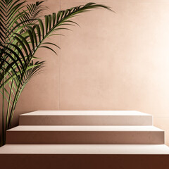 Wall Mural - Beige geometric podium product presentation, minimal scene with tropical leaves plant for product display, object placement mockup 3d rendering.