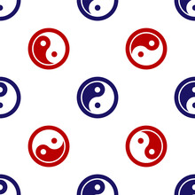 Blue And Red Yin Yang Symbol Of Harmony And Balance Icon Isolated Seamless Pattern On White Background. Vector