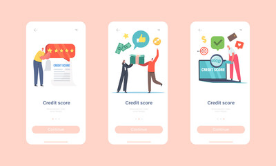 Credit Score Rating Mobile App Page Onboard Screen Template. Characters Take Credit in Bank. Client Creditworthiness