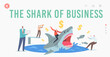 © Sergii Pavlovskyi - Shark of Business Landing Page Template. Brave Businessman Riding Huge Dangerous Shark with Frightened Characters around