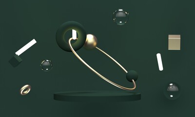Poster - Lamps on abstract green background with gold and glass geometric shapes and platform. 3d rendering