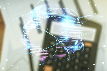 Poster - Abstract graphic digital world map hologram with connections on blurry calculator and papers background, globalization concept. Multiexposure