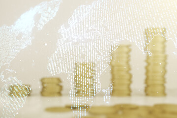 Poster - Double exposure of abstract digital world map on growing stacks of coins background, research and strategy concept