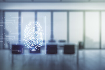 Poster - Multi exposure of virtual abstract fingerprint illustration on a modern conference room background, digital access concept