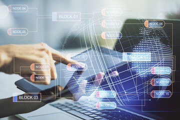 Poster - Multi exposure of abstract software development hologram with world map and finger presses on a digital tablet on background, global research and analytics concept