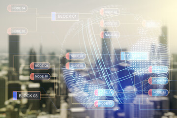 Poster - Multi exposure of abstract software development hologram and world map on blurry cityscape background, global research and analytics concept