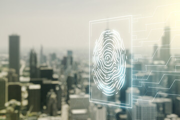 Poster - Double exposure of virtual creative fingerprint hologram on blurry office buildings background, protection of personal information concept
