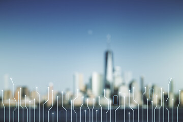 Poster - Abstract virtual micro chip hologram on blurry skyscrapers background, artificial intelligence and machine learning concept. Multi exposure