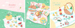 © Mari Dambi - Summer picnic scenes in lovely cartoon style. Vector illustration of picnic baskets, cute dog, wine, pastries. fruits and snacks. Set of three card or banner designs. Summer outdoor dining at a beach