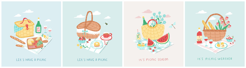 Wall Mural - Vector illustration of summer picnic concept. Set of four picnic baskets with various snacks and desserts including wine, pastries, cheese, strawberries. Outdoor dining in colorful cartoon style.