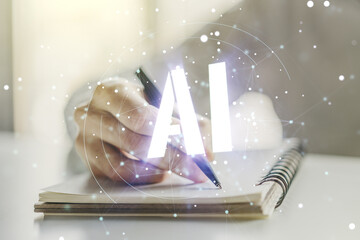 Poster - Creative artificial Intelligence symbol concept with man hand writing in notebook on background. Multiexposure