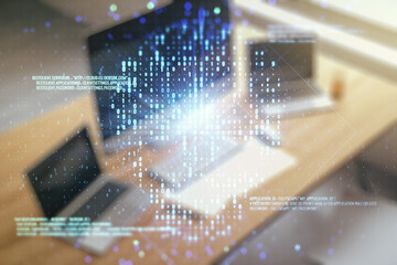 Leinwandbilder - Creative code skull sketch and modern desk with computer on background, theft of personal data and malware concept. Multiexposure