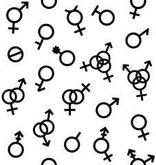 Wall Mural - Vector seamless pattern of Gender symbols and Sexual orientation isolated on white background. Male, female, transgender, gay, lesbian, bisexual, bigender, travesti, genderqueer, asexual lgbt