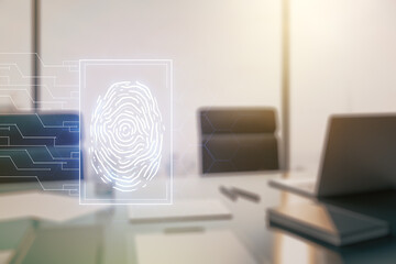 Double exposure of abstract creative fingerprint hologram and modern desktop with laptop on background, research and development concept