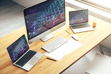 Poster - Creative concept of wireless technology with hexagon hologram on modern laptop screen. Big data and database concept. 3D Rendering