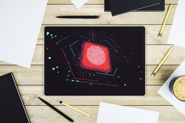 Aufkleber - Abstract creative fingerprint hologram on modern digital tablet screen, protection of personal information concept. Top view. 3D Rendering