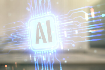 Poster - Double exposure of creative artificial Intelligence icon on modern business center exterior background. Neural networks and machine learning concept