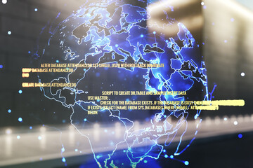Poster - Multi exposure of abstract software development hologram and world map on modern business center exterior background, global research and analytics concept