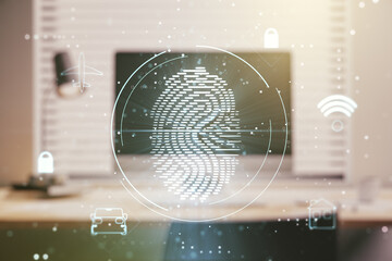Fototapete - Multi exposure of abstract fingerprint scan interface on computer background, digital access concept