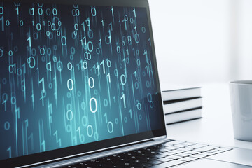 Poster - Creative concept of binary code illustration on modern laptop screen. Big data and coding concept. 3D Rendering