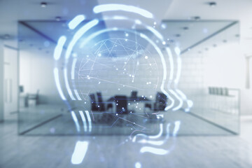 Poster - Double exposure of creative human head microcircuit hologram on a modern furnished office interior background. Future technology and AI concept