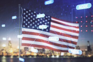 Poster - Multi exposure of abstract software development hologram on USA flag and blurry skyscrapers background, research and analytics concept