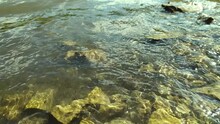 The Movement Of Clear Water Near The Rocky Shore. Small Waves Wash Over The Rocks